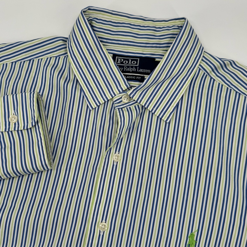 Polo by Ralph Lauren Blue, White & Lime Stripe Dress Shirt